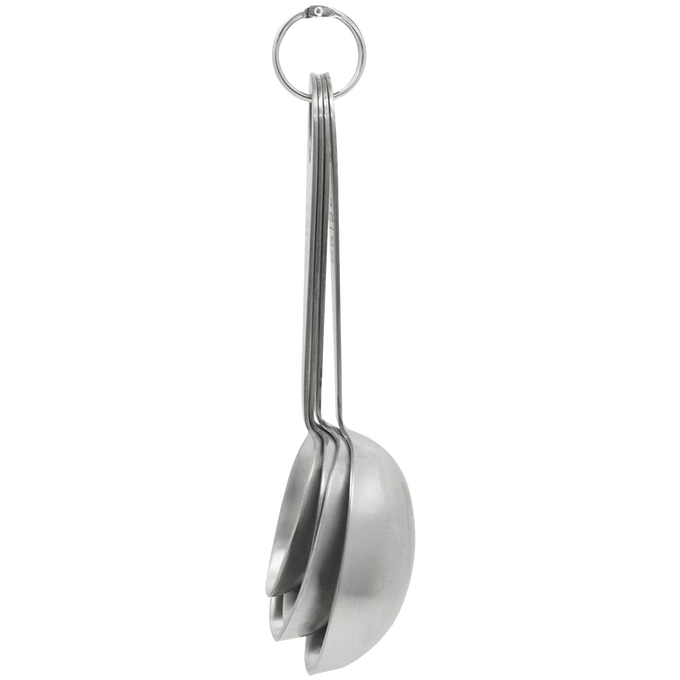 Set of four large durable stainless steel measuring scoops held together by a metal ring, perfect for kitchen food prep, baking supplies, cookware, and cooking helpers collections.