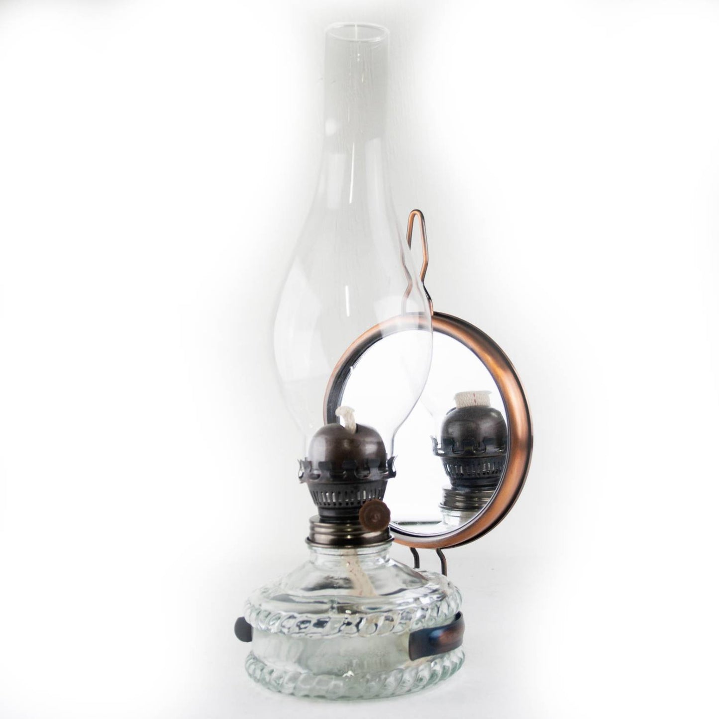 Clear glass reflective oil lamp with a removable mirror reflector and tall chimney, designed for lamps & lighting, oil lamps, wall lamps, and best sellers collections.