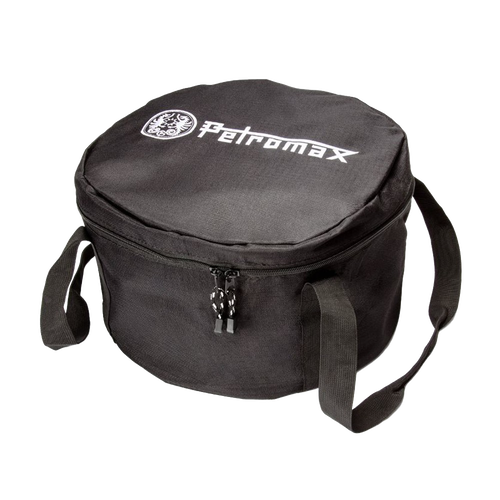 Durable black ripstop fabric transport bag with zipper and shoulder straps, designed for safely carrying Dutch ovens, featured in Farm, Garden & Tool, Camping, and Best Sellers collections.