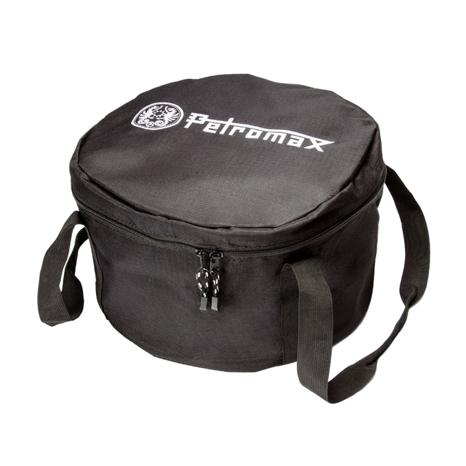 Durable black ripstop fabric transport bag with zipper and shoulder straps, designed for safely carrying Dutch ovens, featured in Farm, Garden & Tool, Camping, and Best Sellers collections.