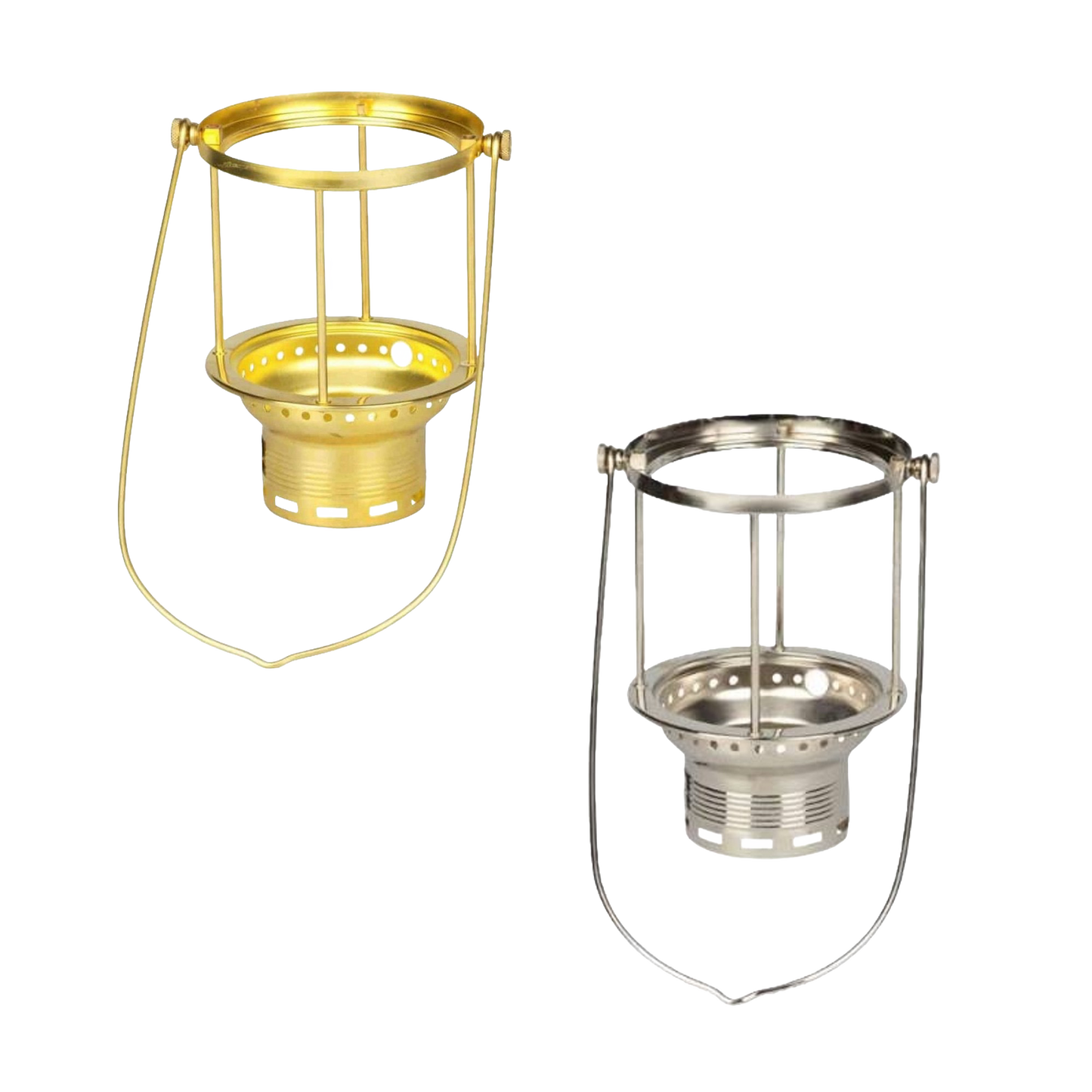 Two handcrafted carrying frames in brass and stainless steel finishes designed for pressure lamps, featuring mounting bases and centering screws, ideal for lamps & lighting parts.