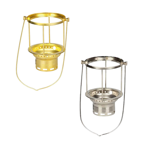 Two handcrafted carrying frames in brass and stainless steel finishes designed for pressure lamps, featuring mounting bases and centering screws, ideal for lamps & lighting parts.