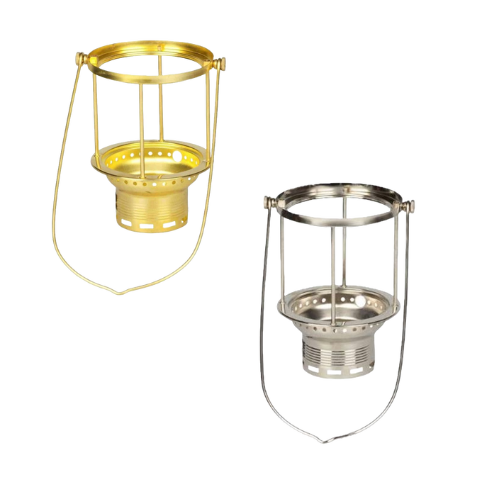 Two handcrafted carrying frames in brass and stainless steel finishes designed for pressure lamps, featuring mounting bases and centering screws, ideal for lamps & lighting parts.