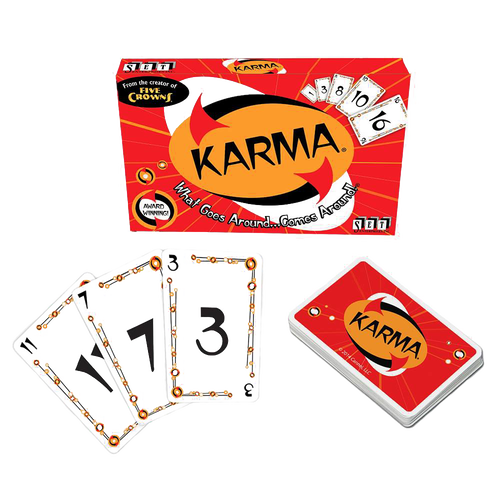 Red Karma card game box with playful logo, tagline “What Goes Around… Comes Around!” and numbered playing cards, featured in Toys, Children's Toys, Games, and Indoor Play collections.