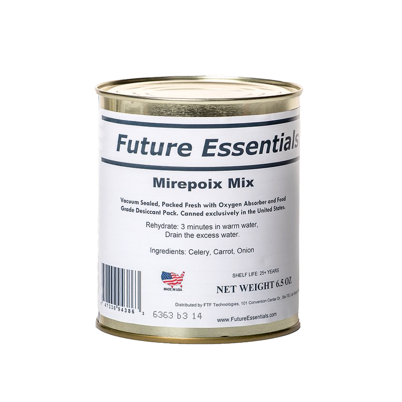 Metal can of dehydrated mirepoix mix containing celery, carrot, and onion, made in USA with long shelf life, ideal for Pantry, Emergency Supplies, Kitchen & Food, and Farm collections.