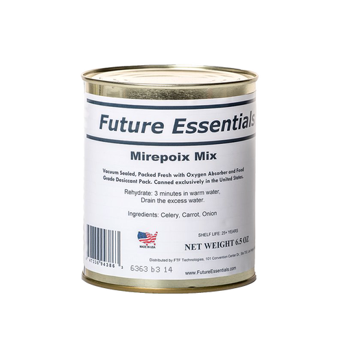 Metal can of dehydrated mirepoix mix containing celery, carrot, and onion, made in USA with long shelf life, ideal for Pantry, Emergency Supplies, Kitchen & Food, and Farm collections.
