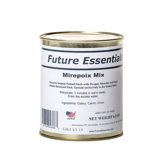 Metal can of dehydrated mirepoix mix containing celery, carrot, and onion, made in USA with long shelf life, ideal for Pantry, Emergency Supplies, Kitchen & Food, and Farm collections.