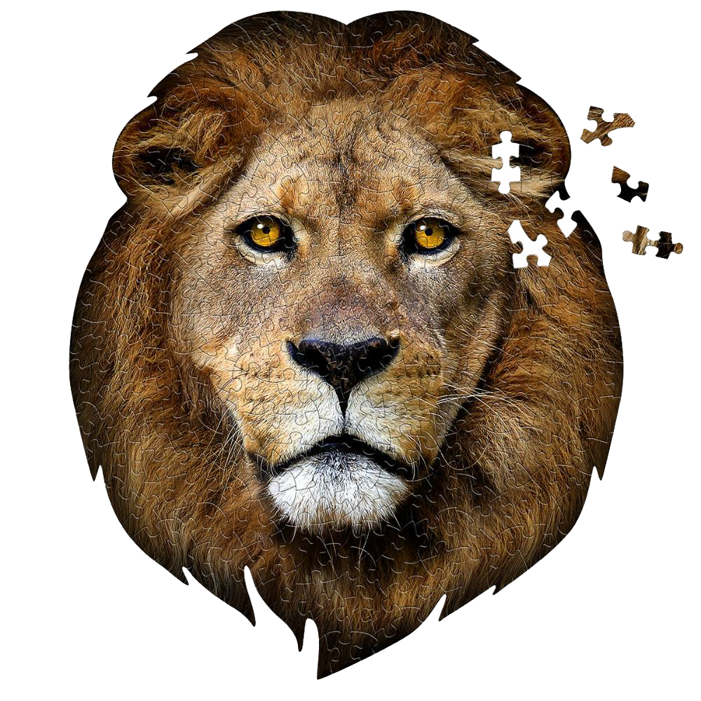 Intricately designed 300-piece lion-shaped jigsaw puzzle with detailed facial features, featuring a unique border and educational fun facts, ideal for children's games and puzzles collections.