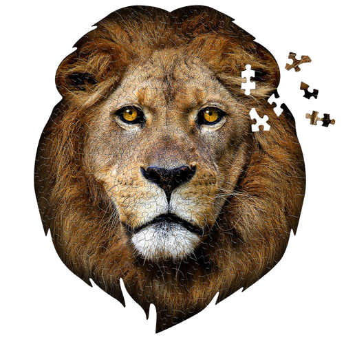 Intricately designed 300-piece lion-shaped jigsaw puzzle with detailed facial features, featuring a unique border and educational fun facts, ideal for children's games and puzzles collections.
