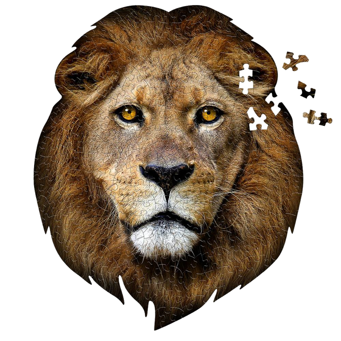 Intricately designed 300-piece lion-shaped jigsaw puzzle with detailed facial features, featuring a unique border and educational fun facts, ideal for children's games and puzzles collections.