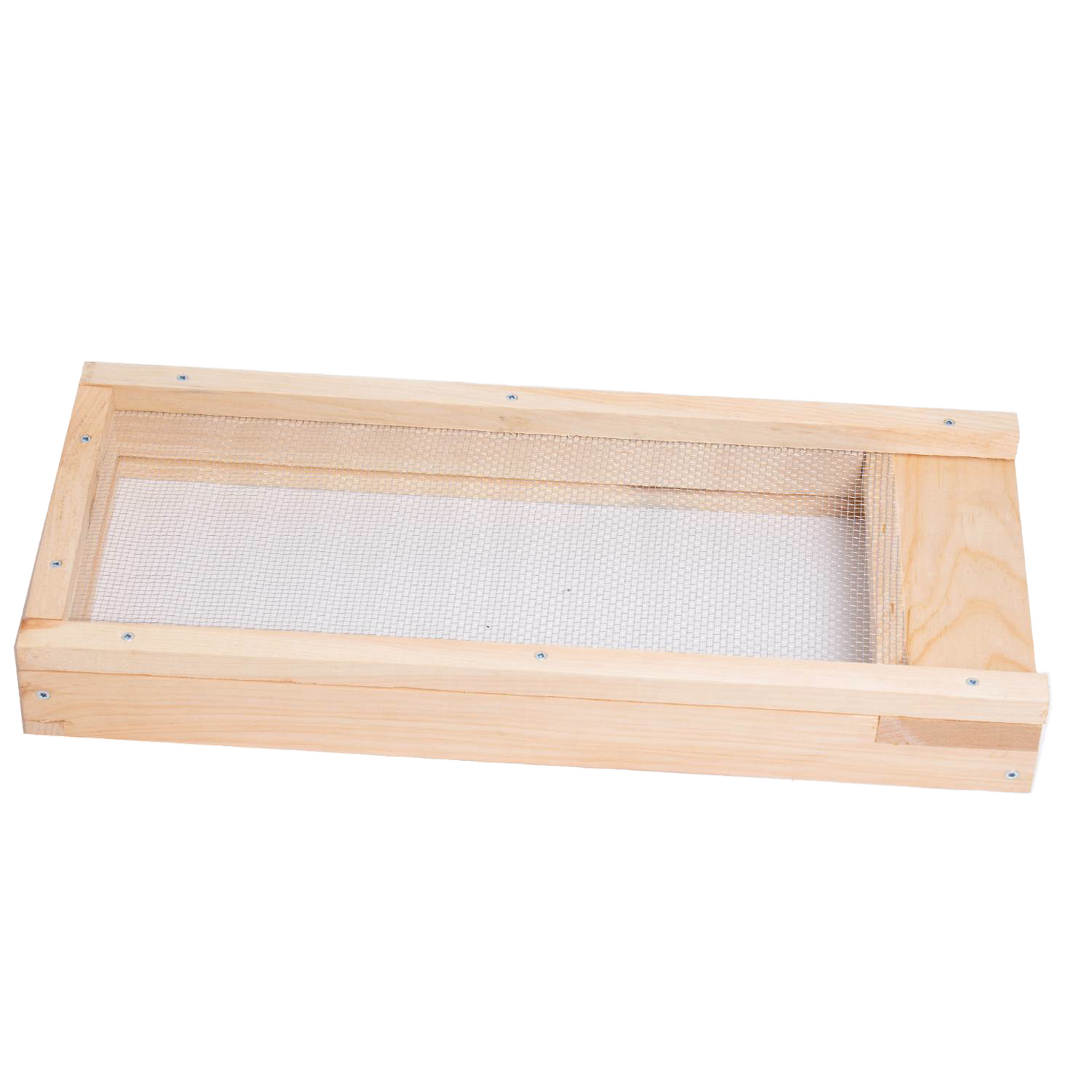 Handcrafted wooden 8-frame mite screen base with metal mesh, designed for beekeeping use to protect hives from pests, made in USA by Amish craftsmen, ideal for farm and garden collections.