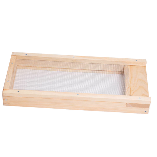 Handcrafted wooden 8-frame mite screen base with metal mesh, designed for beekeeping use to protect hives from pests, made in USA by Amish craftsmen, ideal for farm and garden collections.