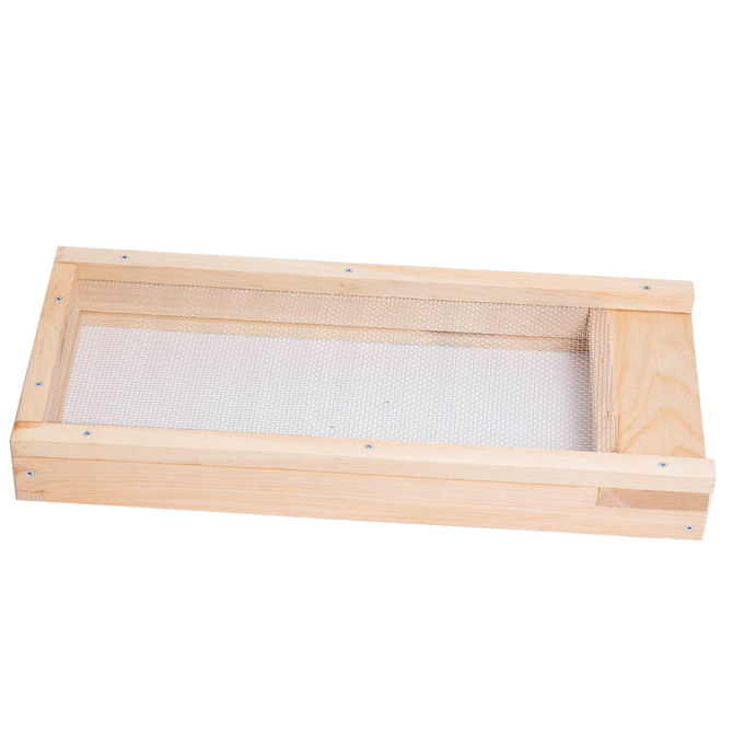 Handcrafted wooden 8-frame mite screen base with metal mesh, designed for beekeeping use to protect hives from pests, made in USA by Amish craftsmen, ideal for farm and garden collections.
