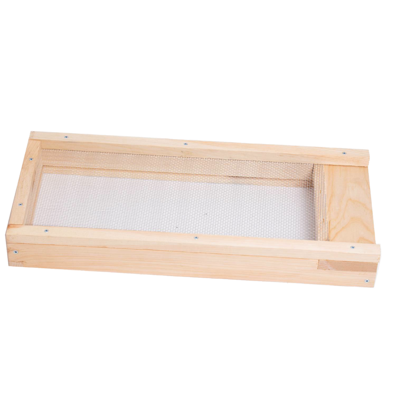Handcrafted wooden 8-frame mite screen base with metal mesh, designed for beekeeping use to protect hives from pests, made in USA by Amish craftsmen, ideal for farm and garden collections.