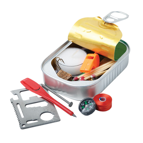 Small handcrafted emergency kit in a tin with matches, candle, whistle, fishing hook, compass, fire starter, and multi-tool, perfect for Farm, Garden & Tool, Camping, and Emergency Supplies collections.