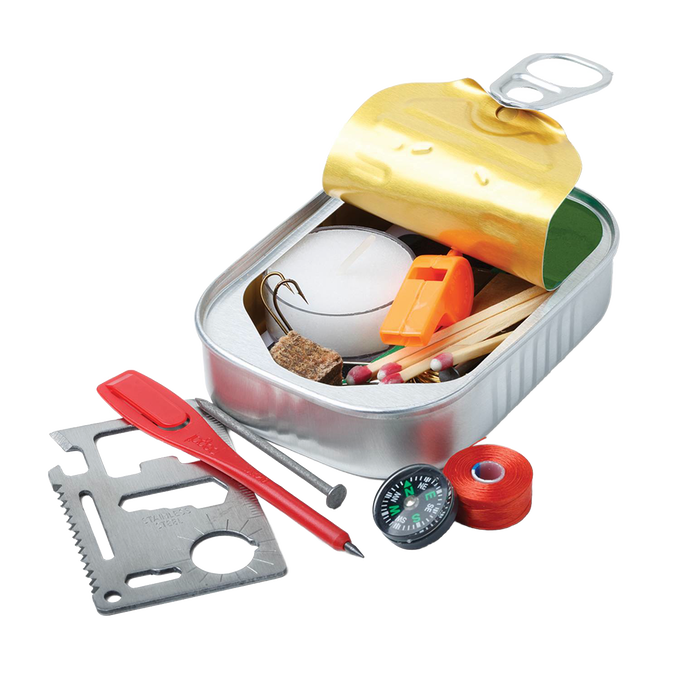 Small handcrafted emergency kit in a tin with matches, candle, whistle, fishing hook, compass, fire starter, and multi-tool, perfect for Farm, Garden & Tool, Camping, and Emergency Supplies collections.