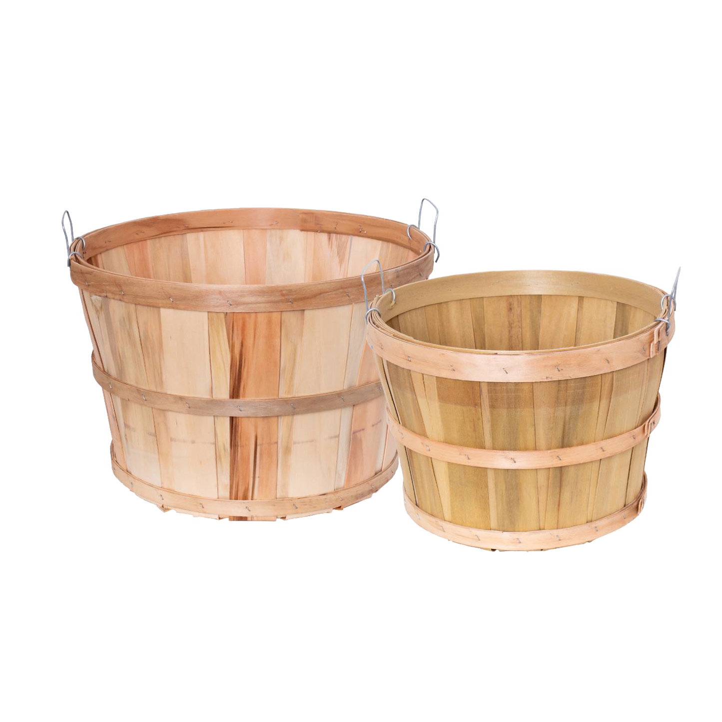 Pair of handcrafted untreated poplar wood bushel baskets with metal handles, made in USA, ideal for farm, garden, and storage in best-selling garden accessories collections.
