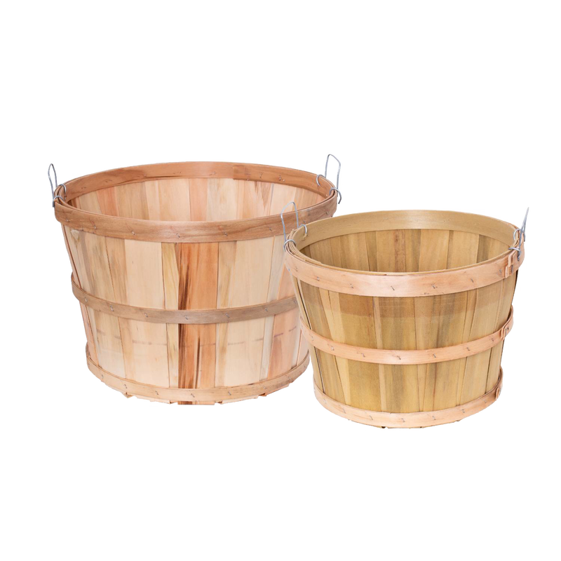 Pair of handcrafted untreated poplar wood bushel baskets with metal handles, made in USA, ideal for farm, garden, and storage in best-selling garden accessories collections.