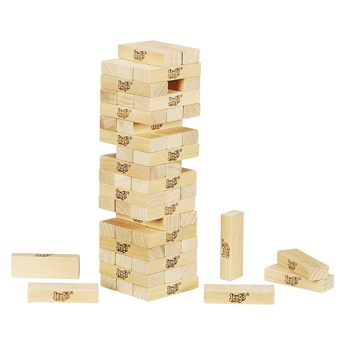 Stacked wooden blocks forming a tower with several loose blocks around it, showcasing a classic skill and strategy tabletop game from the Toys, Games, and Best Sellers collections.