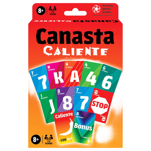 Brightly colored Canasta Caliente card game deck with custom cards including numbers, letters, special Caliente and Bonus cards, perfect for kids and families in games and puzzles collections.
