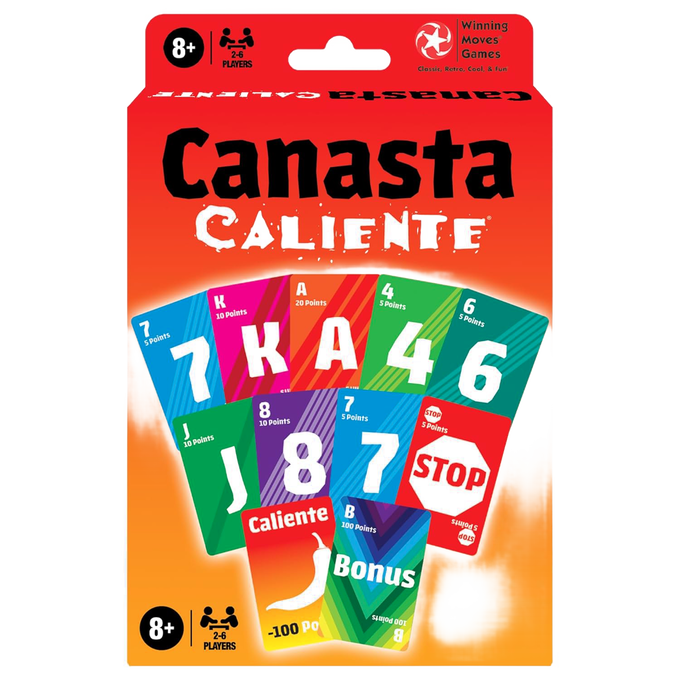 Brightly colored Canasta Caliente card game deck with custom cards including numbers, letters, special Caliente and Bonus cards, perfect for kids and families in games and puzzles collections.