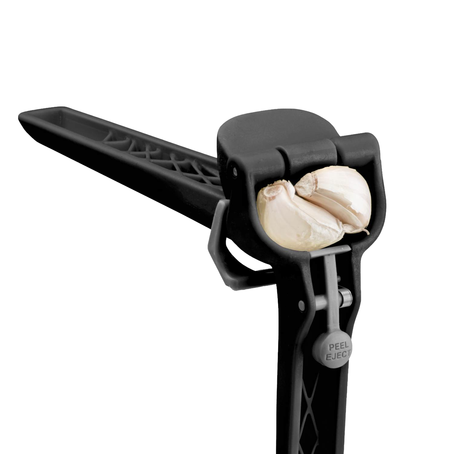 Black garlic press with ergonomic handle designed to press multiple unpeeled garlic cloves while automatically scraping and ejecting peels, ideal for Kitchen & Food, Food Prep, Choppers and Cutters, Kitchen Gadgets, and Cooking and Baking Helpers collections.