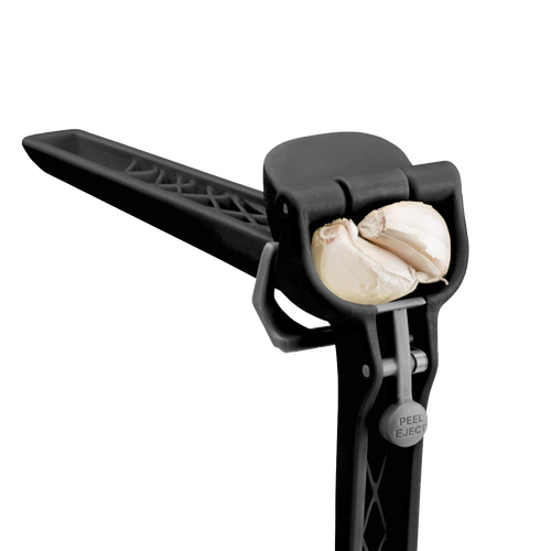 Black garlic press with ergonomic handle designed to press multiple unpeeled garlic cloves while automatically scraping and ejecting peels, ideal for Kitchen & Food, Food Prep, Choppers and Cutters, Kitchen Gadgets, and Cooking and Baking Helpers collections.