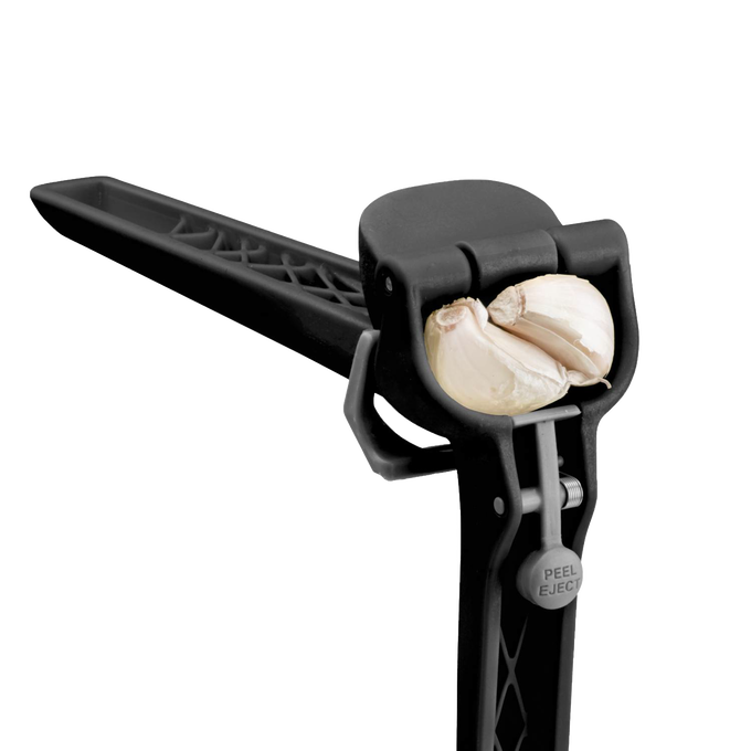 Black garlic press with ergonomic handle designed to press multiple unpeeled garlic cloves while automatically scraping and ejecting peels, ideal for Kitchen & Food, Food Prep, Choppers and Cutters, Kitchen Gadgets, and Cooking and Baking Helpers collections.