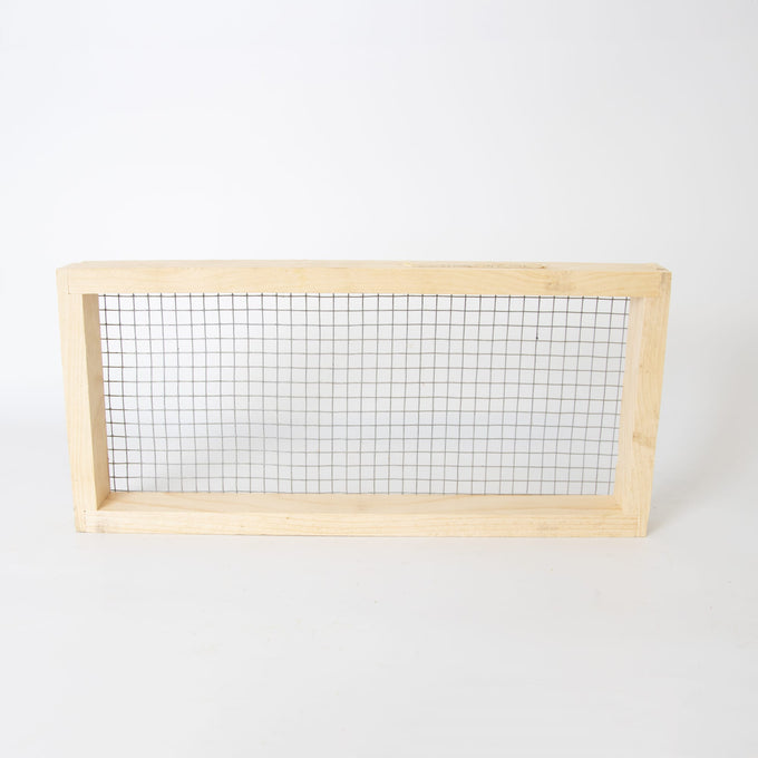 Handcrafted wooden candy board feeder frame with wire mesh, Amish made in the USA, designed for use in 5-frame hives, perfect for beekeeping and farm, garden, and tool collections.