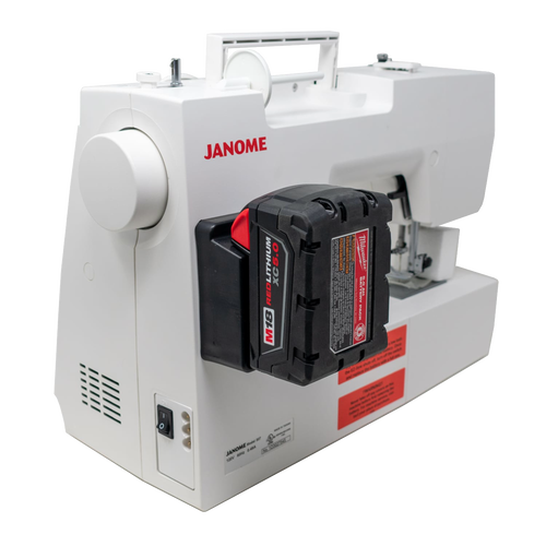 Compact white mechanical sewing machine powered by a Milwaukee battery pack, ideal for homesteading, sewing and quilting projects, featured in farm, garden & tool and best sellers collections.