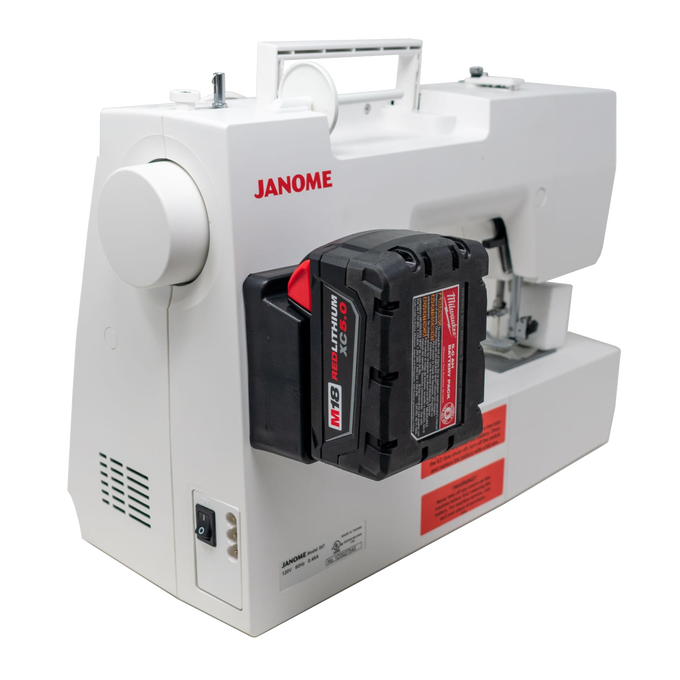 Compact white mechanical sewing machine powered by a Milwaukee battery pack, ideal for homesteading, sewing and quilting projects, featured in farm, garden & tool and best sellers collections.