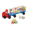 Handcrafted wooden toy truck in red and blue carrying 28 colorful alphabet blocks with letters and pictures, a classic educational choice in Toys, Children's and Wooden Toys collections.
