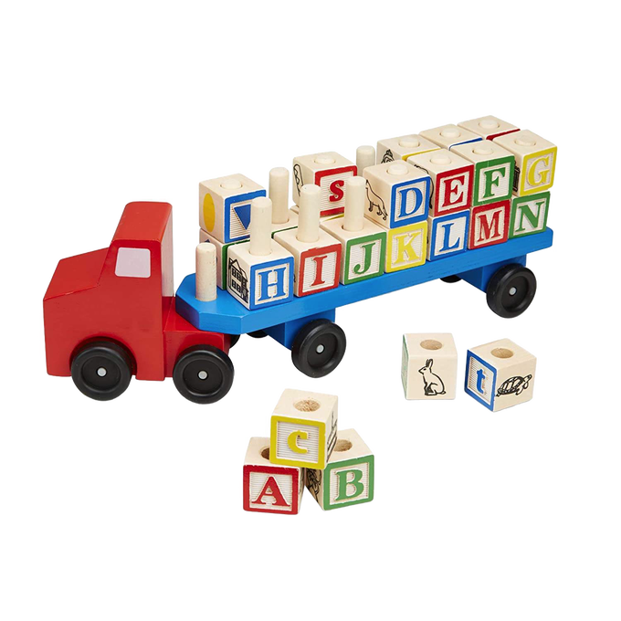Handcrafted wooden toy truck in red and blue carrying 28 colorful alphabet blocks with letters and pictures, a classic educational choice in Toys, Children's and Wooden Toys collections.