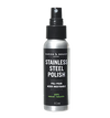 Silver metal spray bottle of natural stainless steel polish with black label, designed for household cleaning and home decor in cleaners and polishes collection.