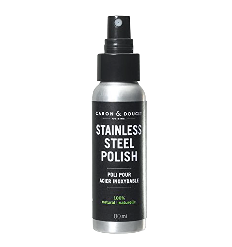 Silver metal spray bottle of natural stainless steel polish with black label, designed for household cleaning and home decor in cleaners and polishes collection.