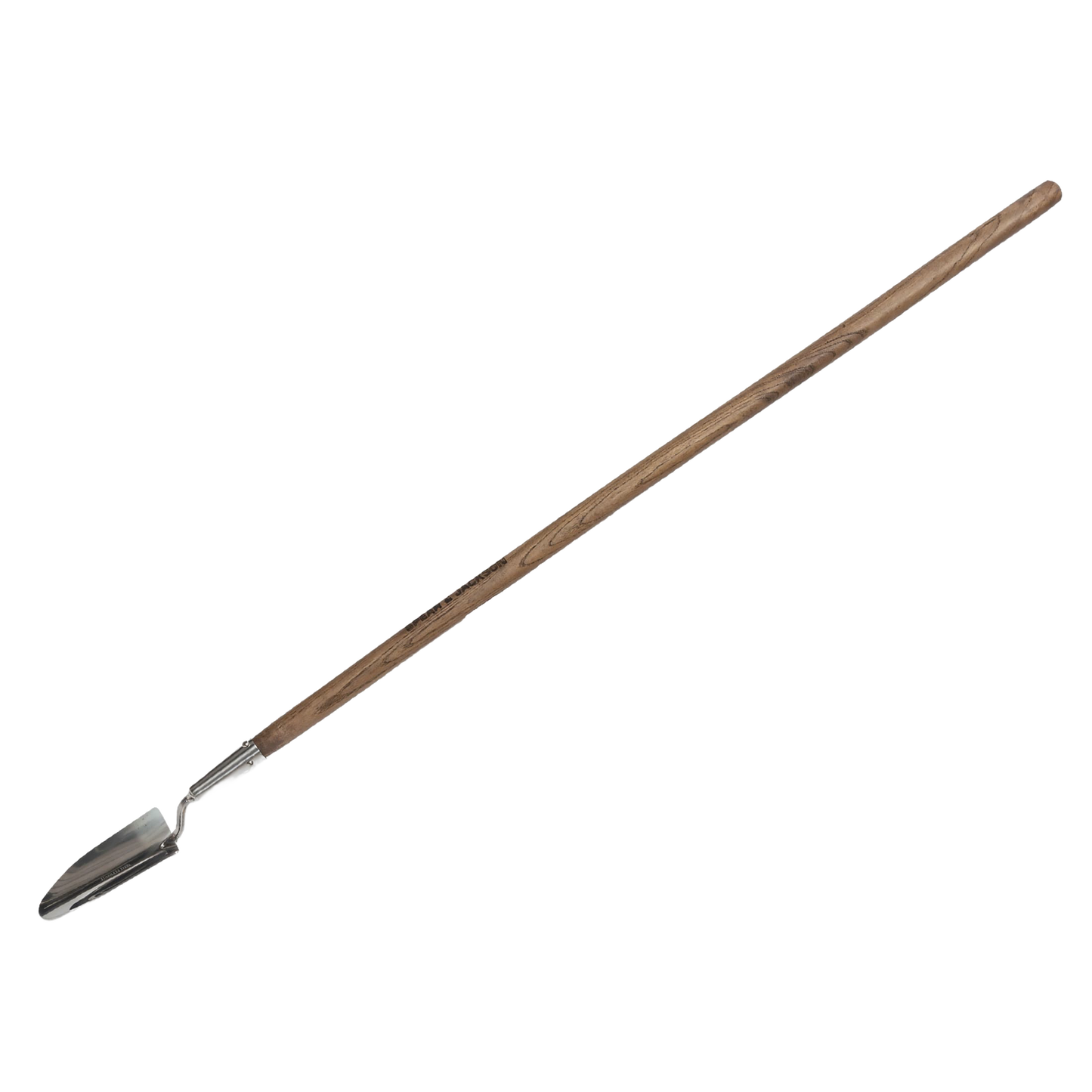 Long-handled garden trowel with polished stainless steel blade and weatherproofed wooden handle, designed for efficient soil turning in farm, garden, and lawncare tasks.