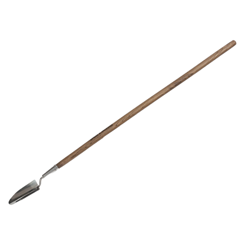 Long-handled garden trowel with polished stainless steel blade and weatherproofed wooden handle, designed for efficient soil turning in farm, garden, and lawncare tasks.