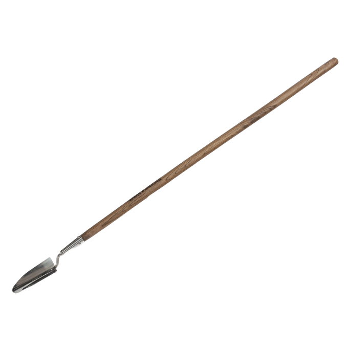 Long-handled garden trowel with polished stainless steel blade and weatherproofed wooden handle, designed for efficient soil turning in farm, garden, and lawncare tasks.