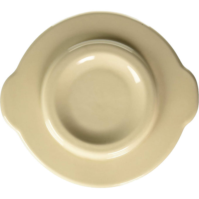 Cream-colored stoneware crock cover with side handles, designed to fit numbered and utility crocks for food preservation, fermenting, and pickling, handcrafted in USA.