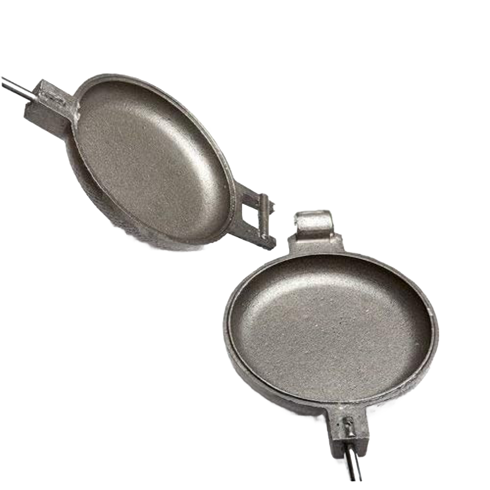 Handcrafted cast iron round pie iron with metal handle and wood grips, made in the USA, ideal for Farm, Garden & Tool, Camping, Best Sellers, and Promo Eligible collections.