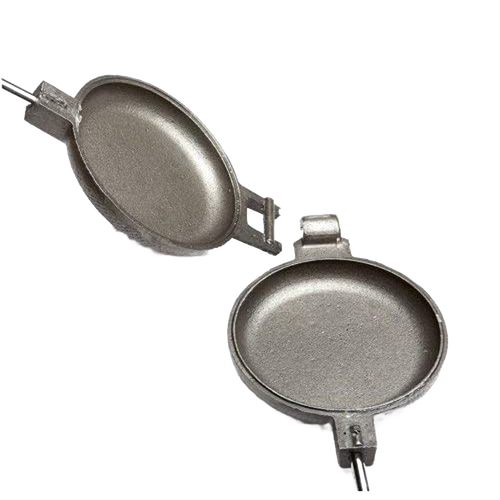 Handcrafted cast iron round pie iron with metal handle and wood grips, made in the USA, ideal for Farm, Garden & Tool, Camping, Best Sellers, and Promo Eligible collections.