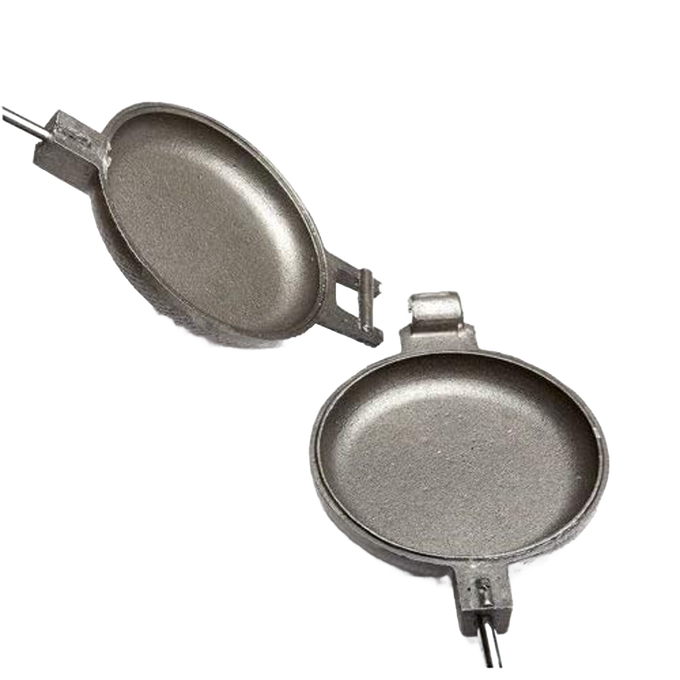 Handcrafted cast iron round pie iron with metal handle and wood grips, made in the USA, ideal for Farm, Garden & Tool, Camping, Best Sellers, and Promo Eligible collections.