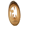 Handcrafted olive wood ornament featuring a nativity scene carved into a bark slice with palm tree detail, perfect for Home & Decor, Holiday Decor, and Best Sellers collections.