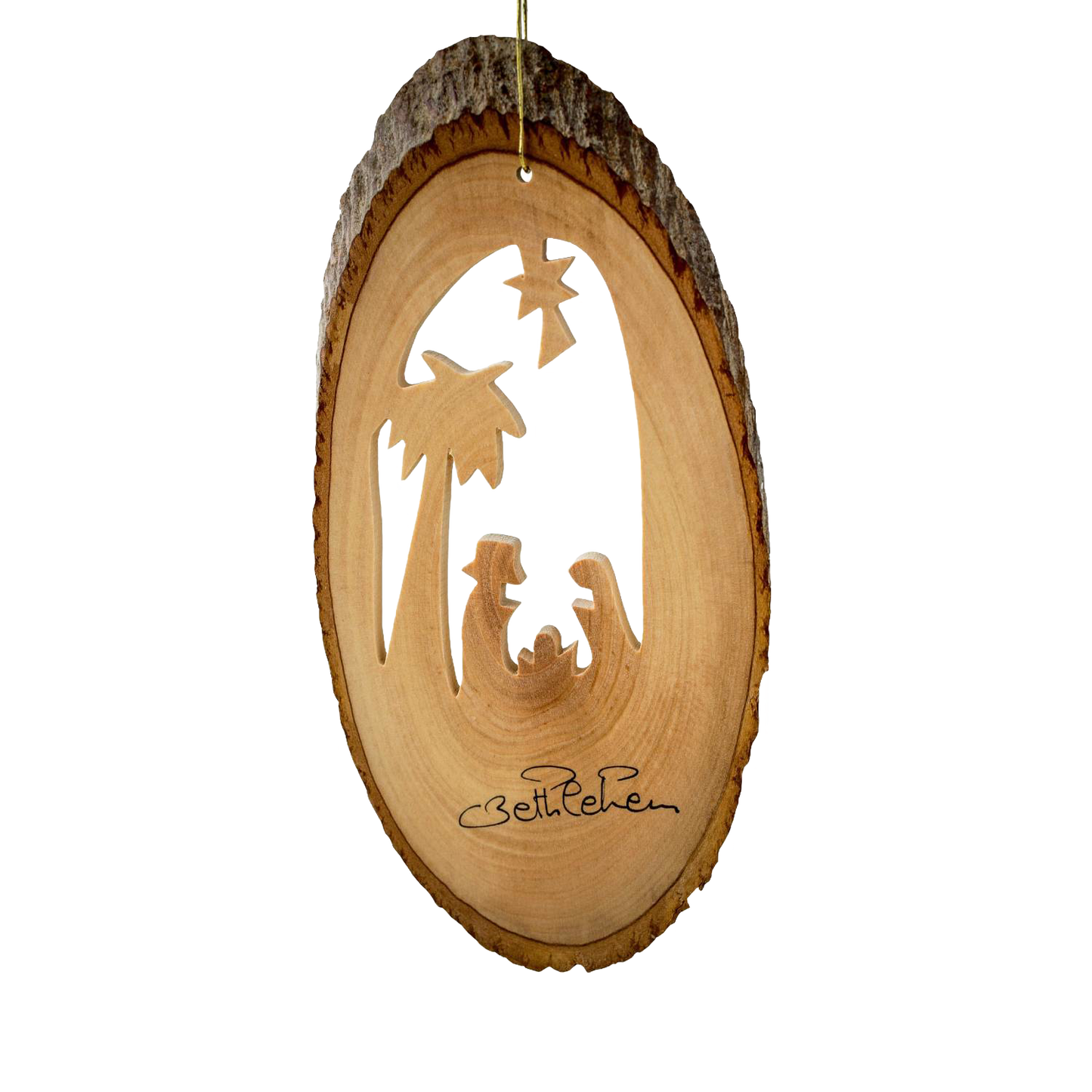 Handcrafted olive wood ornament featuring a nativity scene carved into a bark slice with palm tree detail, perfect for Home & Decor, Holiday Decor, and Best Sellers collections.
