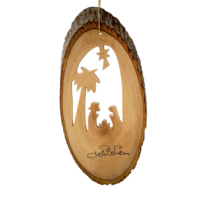 Handcrafted olive wood ornament featuring a nativity scene carved into a bark slice with palm tree detail, perfect for Home & Decor, Holiday Decor, and Best Sellers collections.