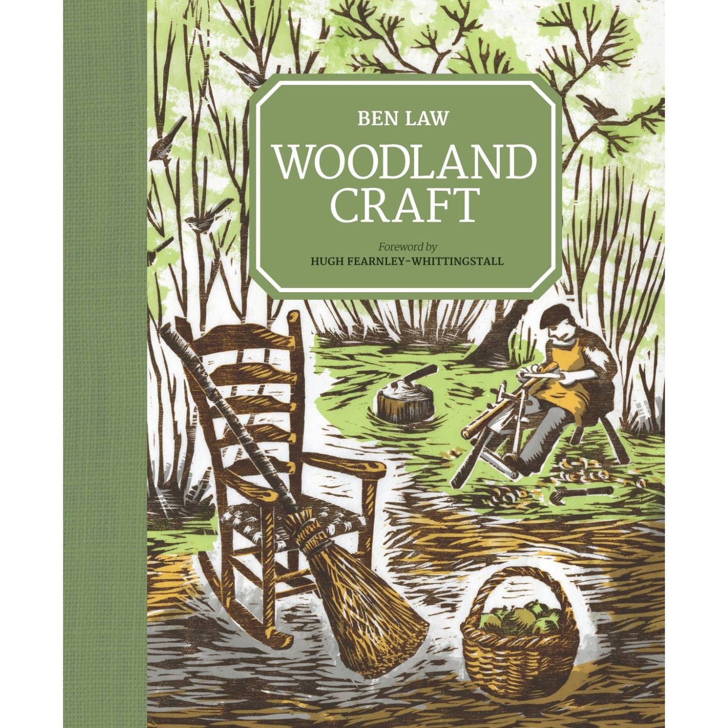 Cover of a handcrafted woodcraft book featuring an illustrated scene with a person carving wood outdoors, a handmade broom resting on a chair, and a basket of natural materials, styled with earthy green tones.
