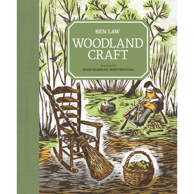 Cover of a handcrafted woodcraft book featuring an illustrated scene with a person carving wood outdoors, a handmade broom resting on a chair, and a basket of natural materials, styled with earthy green tones.