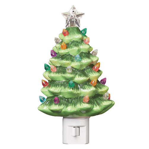 Handcrafted ceramic vintage-style tree nightlight with colorful bulbs in purple, pink, green, red, yellow, blue, clear, and a clear star topper, perfect for Home & Decor, Holiday Decor, Best Sellers, and Promo Eligible collections.