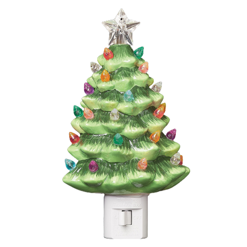 Handcrafted ceramic vintage-style tree nightlight with colorful bulbs in purple, pink, green, red, yellow, blue, clear, and a clear star topper, perfect for Home & Decor, Holiday Decor, Best Sellers, and Promo Eligible collections.
