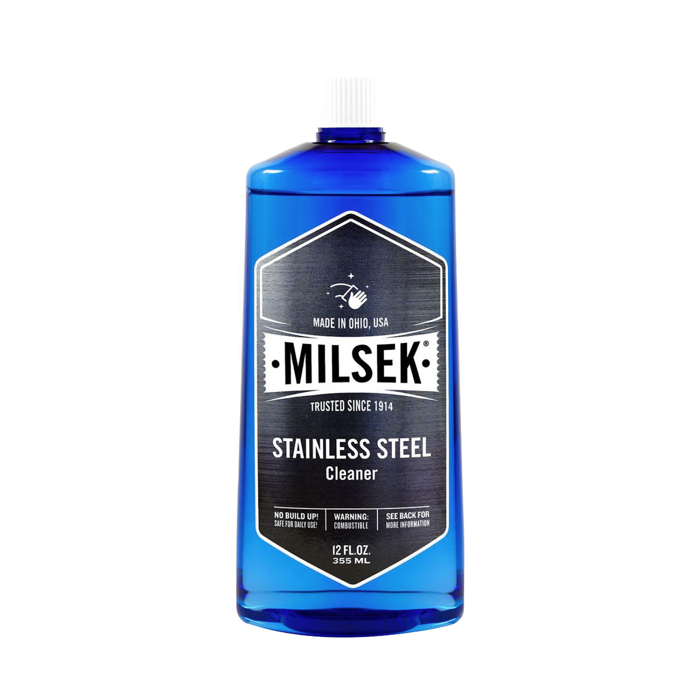 Blue bottle of stainless steel cleaner with black and white label indicating trusted USA-made formula, designed for home, household cleaning, and polish applications.